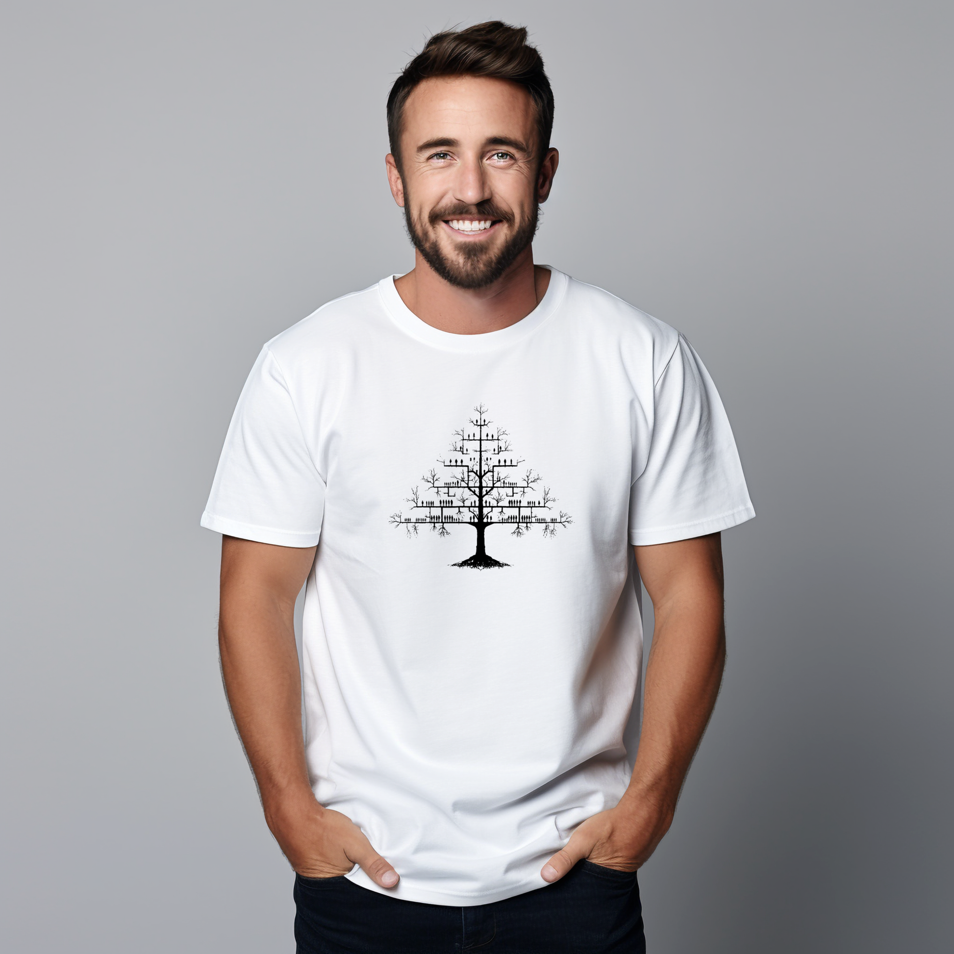 Balti vyriški marškinėliai su stilizuotu medžio piešiniu iš Naujausių dizainų 2026 kolekcijos