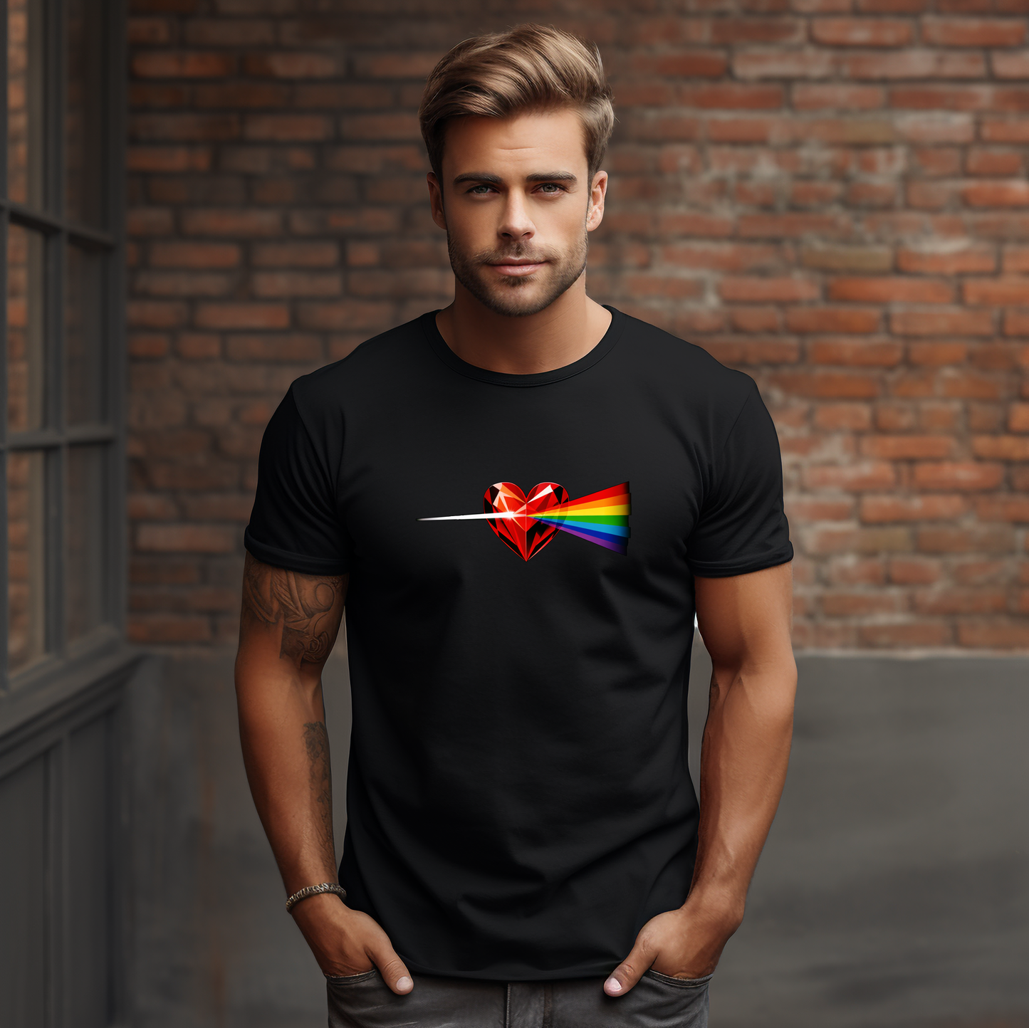 Juodi vyriški marškinėliai su stilizuotos širdies ir ryškios vaivorykštės spindulių kompozicija iš Naujausių dizainų 2026