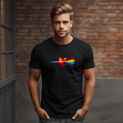 Juodi vyriški marškinėliai su stilizuotos širdies ir ryškios vaivorykštės spindulių kompozicija iš Naujausių dizainų 2026