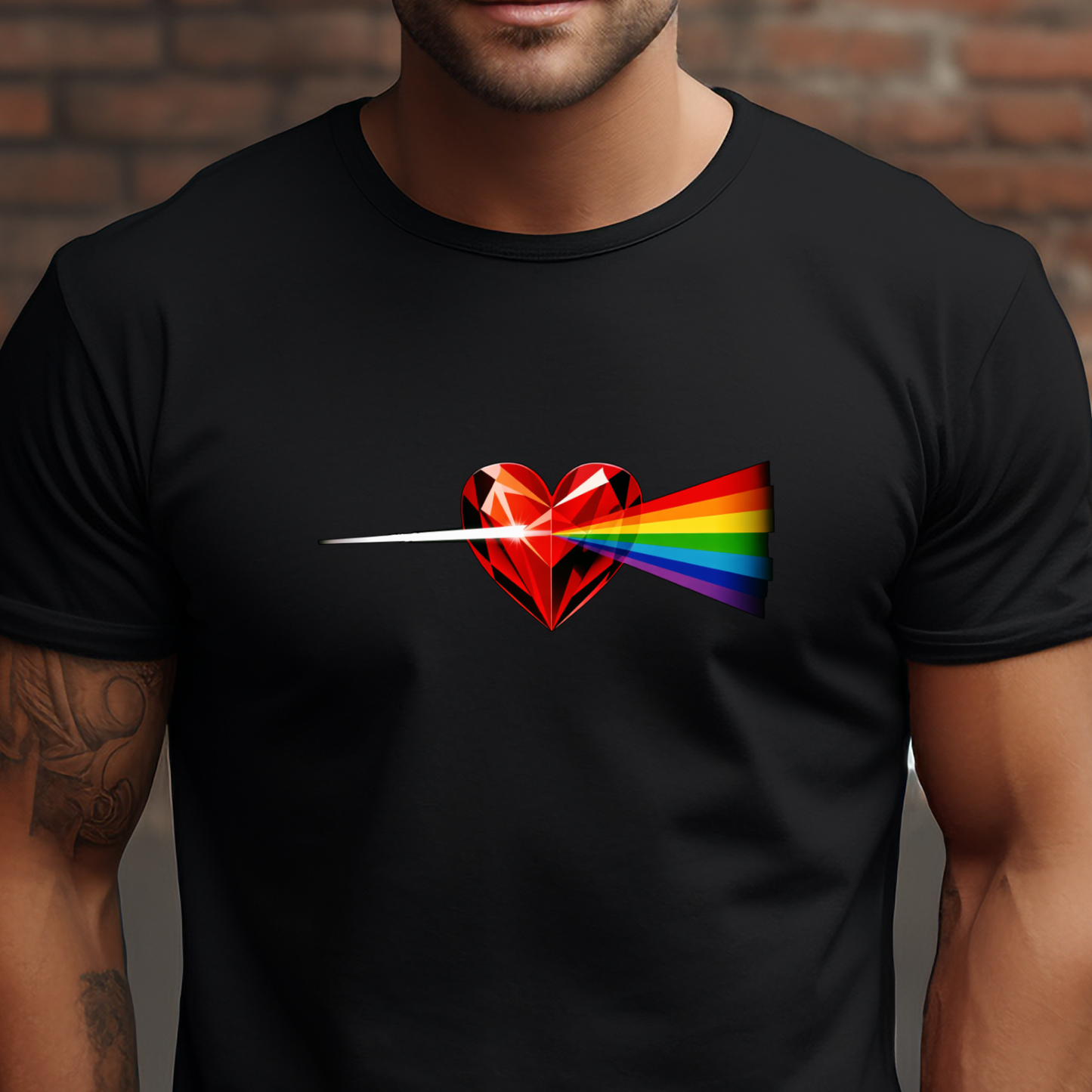 Juodi vyriški marškinėliai su moderniu spalvoto prizmos spindulio ir raudono širdies piešiniu iš Naujausių dizainų 2026 kolekcijos