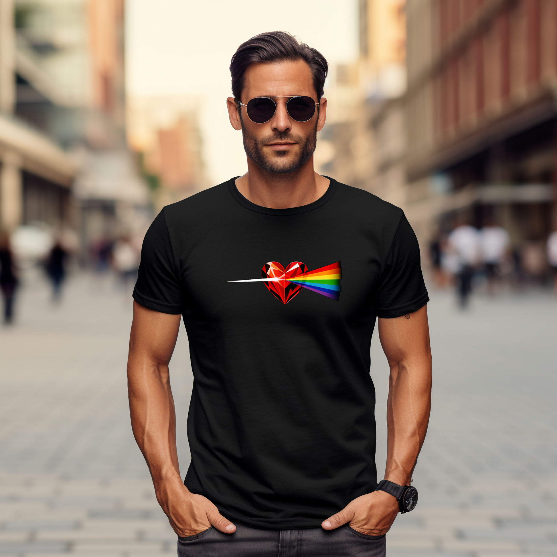 Juodi vyriški marškinėliai su ryškia širdies figūra ir vaivorykštės spalvų spinduliu iš Naujausių dizainų 2026 kolekcijos