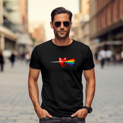 Juodi vyriški marškinėliai su ryškia širdies figūra ir vaivorykštės spalvų spinduliu iš Naujausių dizainų 2026 kolekcijos