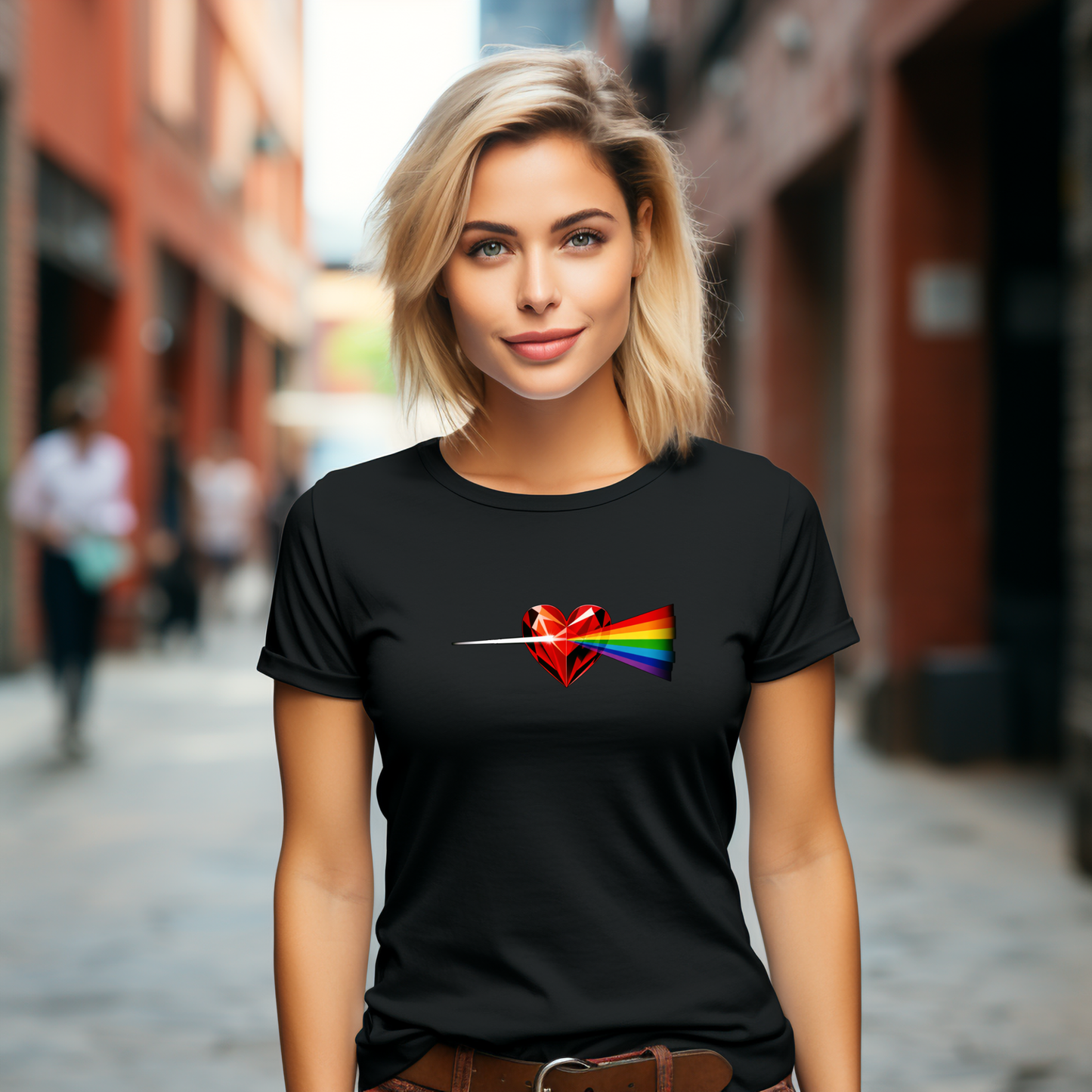 Juodi moteriški marškinėliai su stilingu raudono širdies ir garsų spektro piešiniu iš Naujausių dizainų 2026 kolekcijos