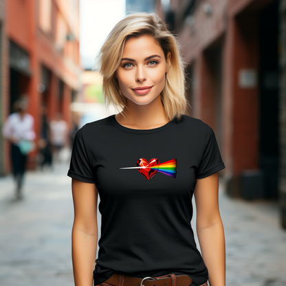 Juodi moteriški marškinėliai su stilingu raudono širdies ir garsų spektro piešiniu iš Naujausių dizainų 2026 kolekcijos