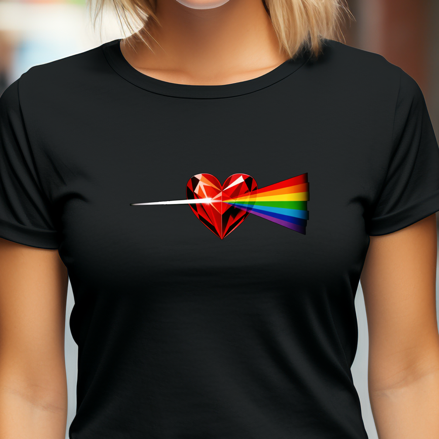 Juodi moteriški marškinėliai su ryškiu spalvoto vaivorykštės spektro širdies piešiniu iš Naujausių dizainų 2026 kolekcijos