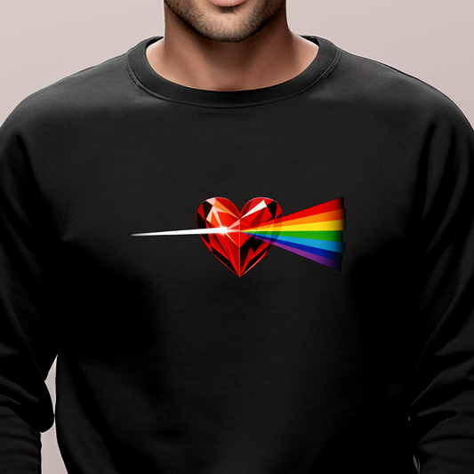 Juodas vyriškas džemperis su geometrine raudonos širdies ir ryškių vaivorykštės spindulių kompozicija 2026 kolekcijai