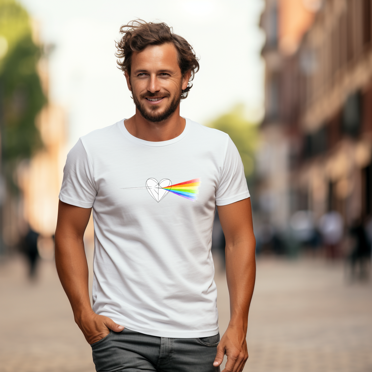 Balti vyriški marškinėliai su linijiniu širdies ir ryškios vaivorykštės spalvų sklaidos dizainu iš Naujausių dizainų 2026 kolekcijos