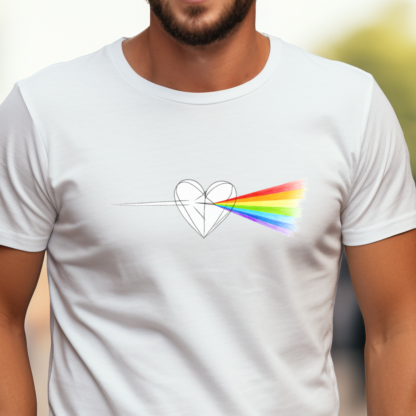 Balti vyriški marškinėliai su širdies kontūro piešiniu ir ryškiais vaivorykštės spalvų spinduliais iš Naujausių dizainų 2026 kolekcijos