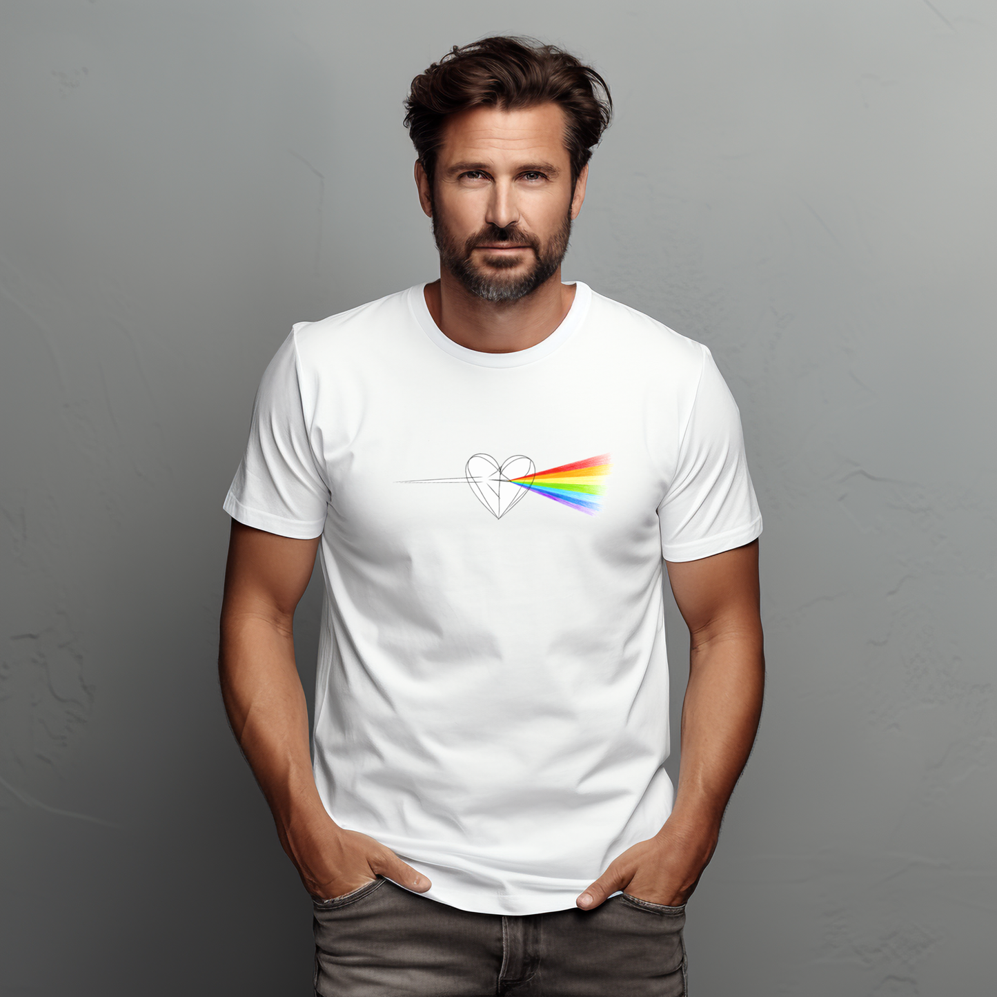 Baltų vyriškų marškinėlių piešinys su linijiniu širdies kontūru ir ryškių vaivorykštės spalvų spindulių iš Šv. Valentino kolekcijos