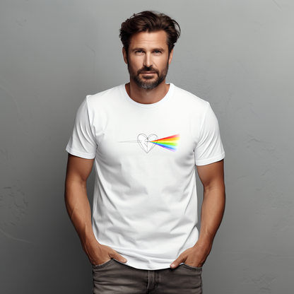 Baltų vyriškų marškinėlių piešinys su linijiniu širdies kontūru ir ryškių vaivorykštės spalvų spindulių iš Šv. Valentino kolekcijos
