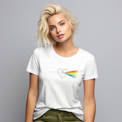 Balti moteriški marškinėliai su spalvotu vaivorykštės spindulių ir širdies piešiniu iš Naujausių dizainų 2026 kolekcijos