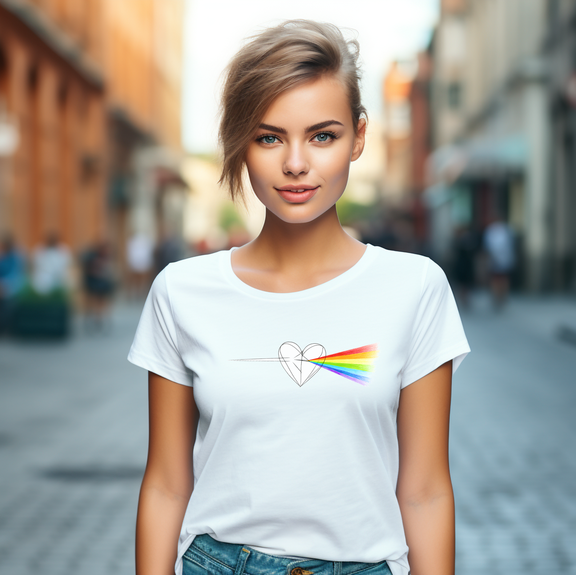 Baltų moteriškų marškinėlių dizainas su širdies ir vaivorykštės spindulių motyvu iš Naujausi dizainai 2026 kolekcijos