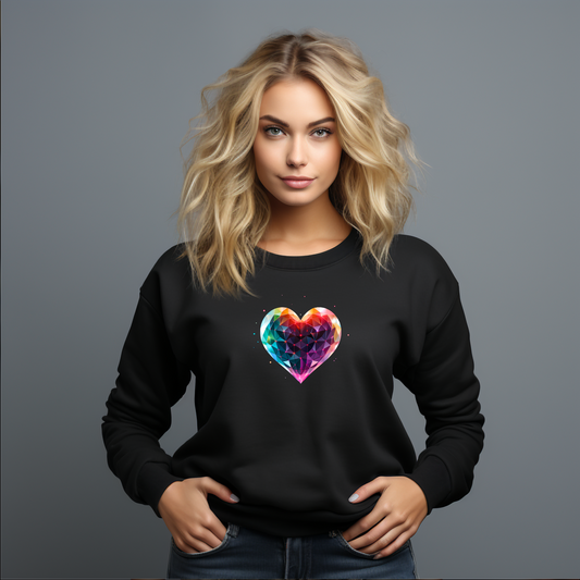 Juodas moteriškas džemperis su ryškiai spalvotu geometrinės formos širdies piešiniu iš Naujausių dizainų 2026 kolekcijos.