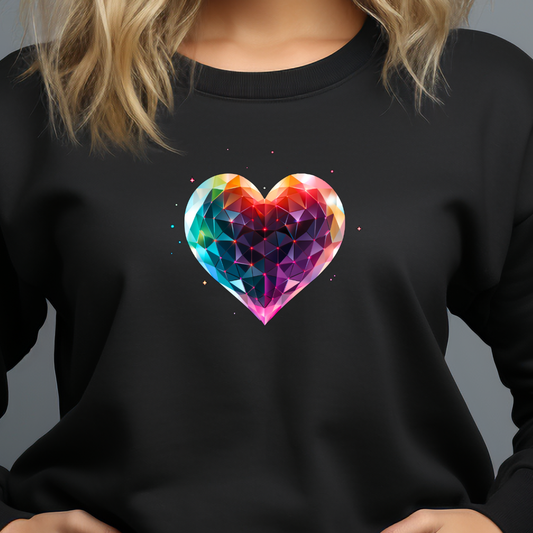 Juodas moteriškas džemperis su spalvoto geometrinio širdies piešiniu iš Naujausių dizainų 2026 kolekcijos.