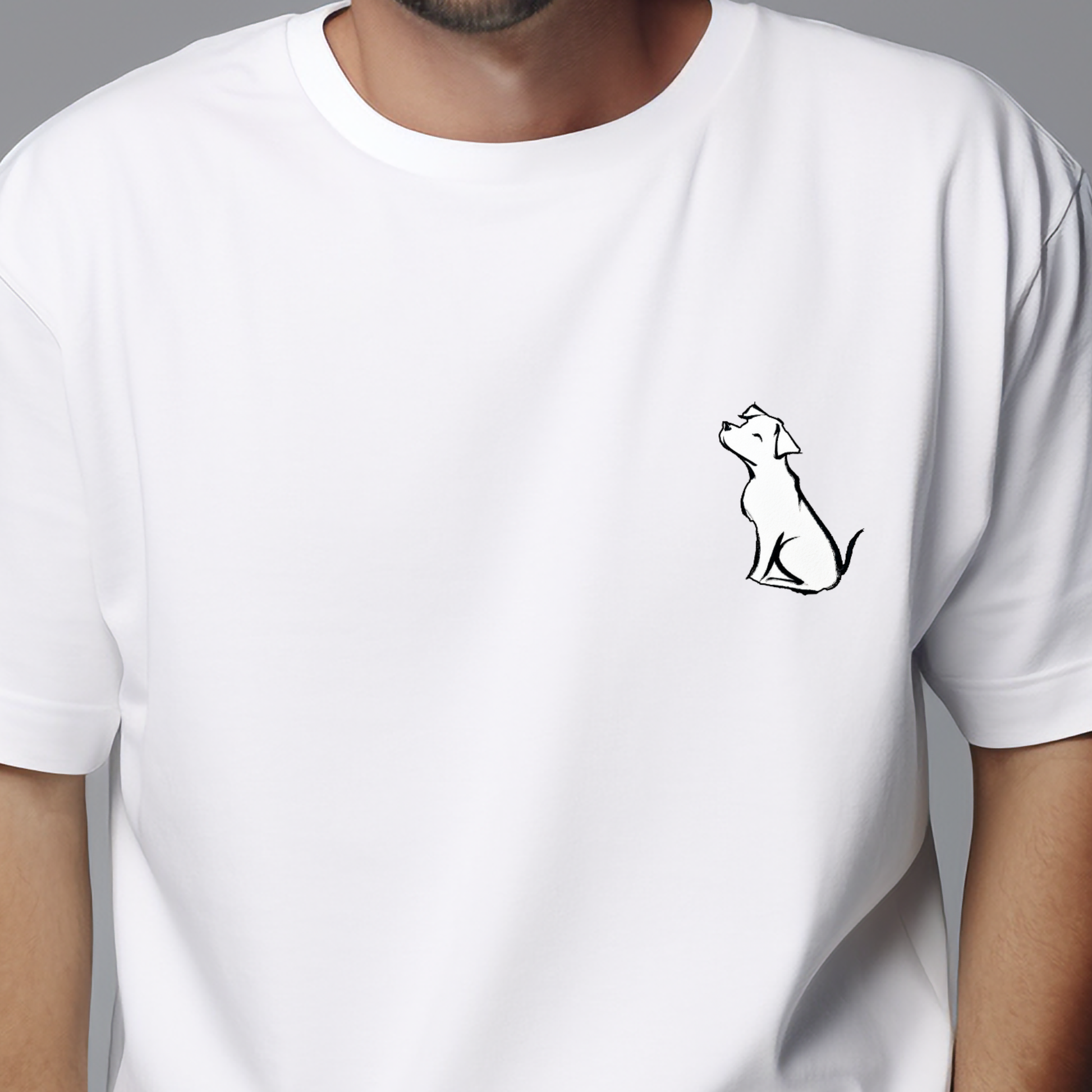 Balti vyriški marškinėliai su minimalistiniu juodu šuns piešiniu iš Naujausių dizainų 2026 kolekcijos