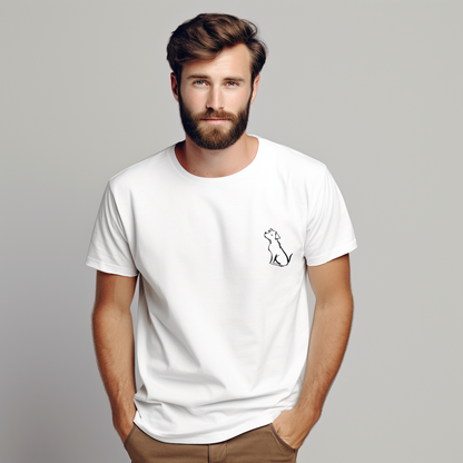 Balti vyriški marškinėliai su minimalistiniu juodu šuns kontūru iš Naujausių dizainų 2026 kolekcijos