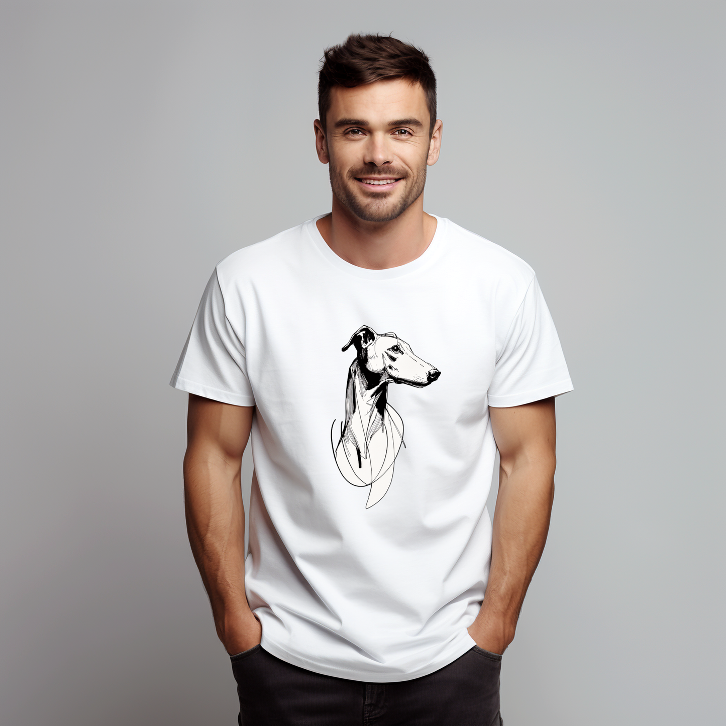 Balti vyriški marškinėliai su menišku šuns kontūro piešiniu iš Naujausių dizainų 2026 kolekcijos