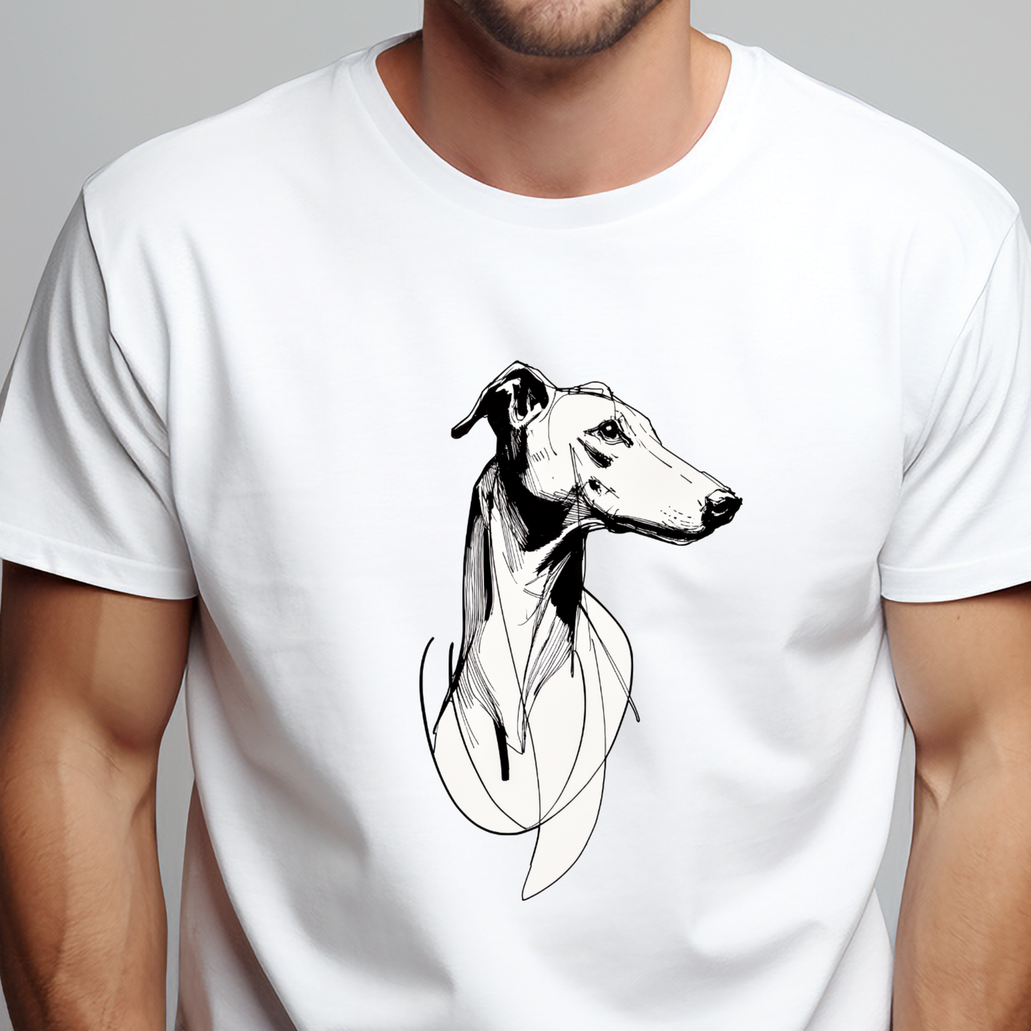 Balti vyriški marškinėliai su menišku juodu šuns piešiniu iš Naujausi dizainai 2026 kolekcijos