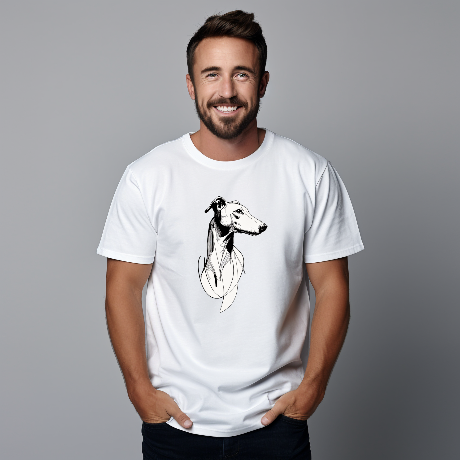 Balti vyriški marškinėliai su moderniu juodo šuns profilio piešiniu iš Naujausių dizainų 2026 kolekcijos