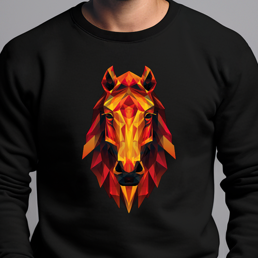 Juodas vyriškas džemperis su ryškia stilizuoto arklio galvos spauda iš Naujausi dizainai 2026 kolekcijos Visi produktai