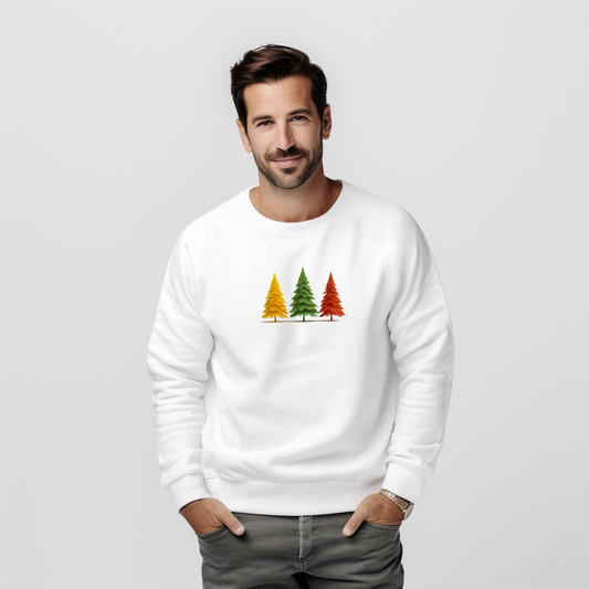 Balta vyriška palaidinė su spalvotų eglučių minimalistiniu piešiniu iš Naujausios džemperių kolekcijos 2026 metų