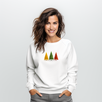 Balta moteriška palaidinė su trijų spalvų eglučių minimalistiniu piešiniu iš Naujausi dizainai 2026 kolekcijos