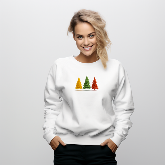 Balta moteriška palaidinė su minimalistiniu trijų spalvų eglučių piešiniu iš Naujausių dizainų 2026 kolekcijos