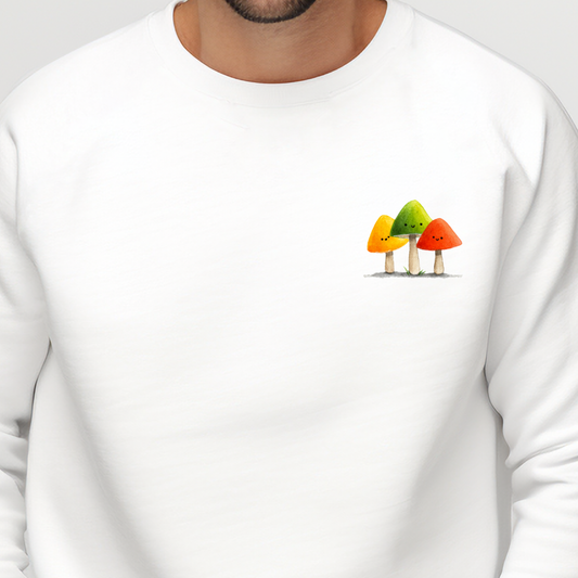 Balta vyriška palaidinė su mažų spalvotų grybų piešiniu iš Naujausi dizainai 2026 kolekcijos