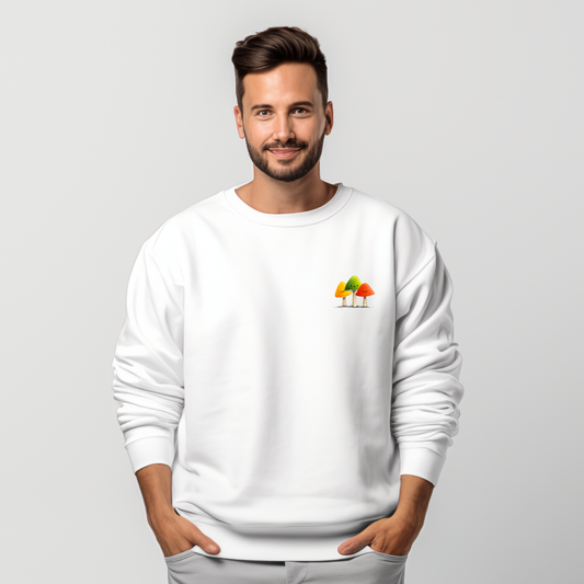 Balta vyriška palaidinė su spalvingų grybų minimalistiniu piešiniu iš Naujausios džemperių kolekcijos 2026 metų