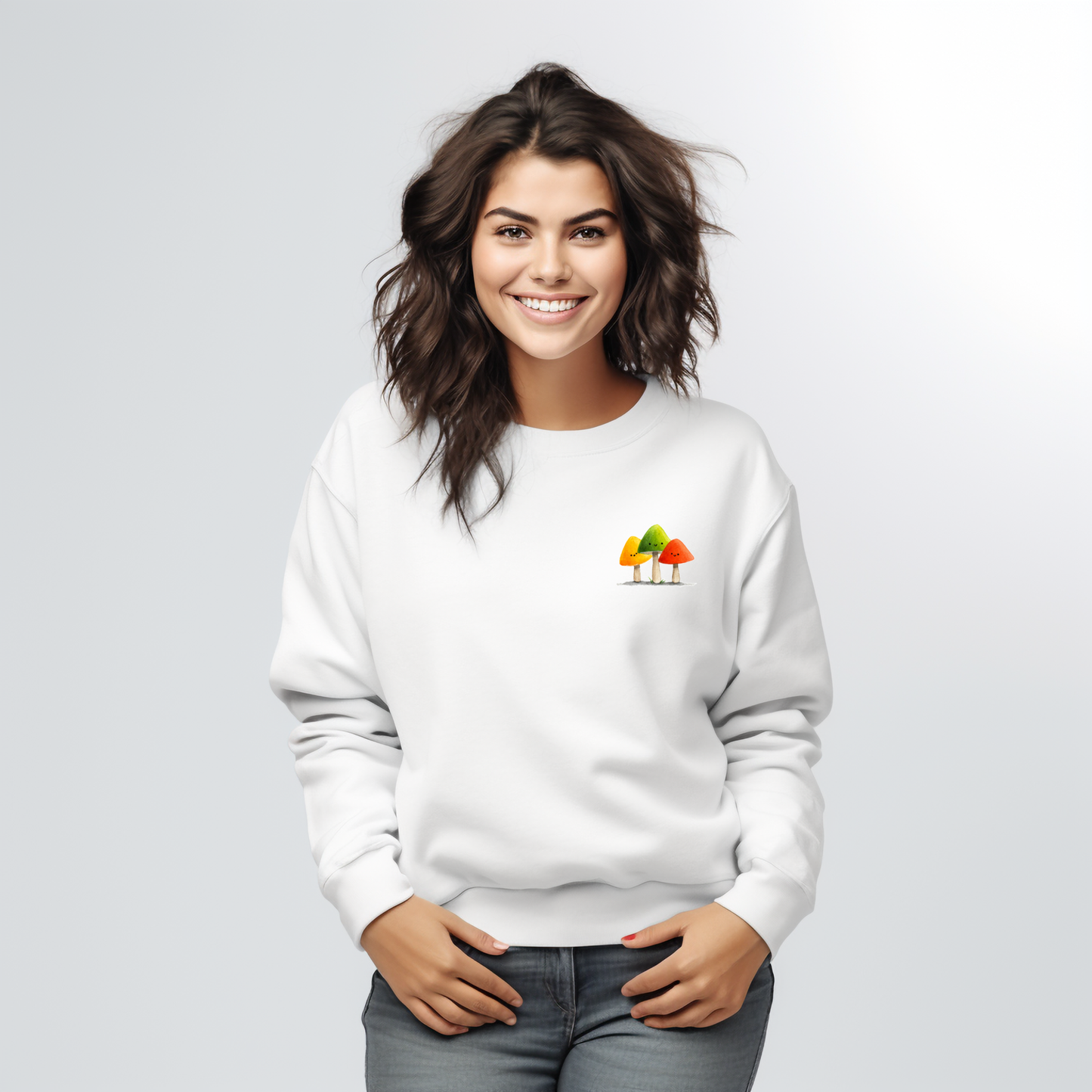 Balta moteriška palaidinė su spalvotų rudens medžių minimalistiniu piešiniu iš Naujausi dizainai 2026 kolekcijos