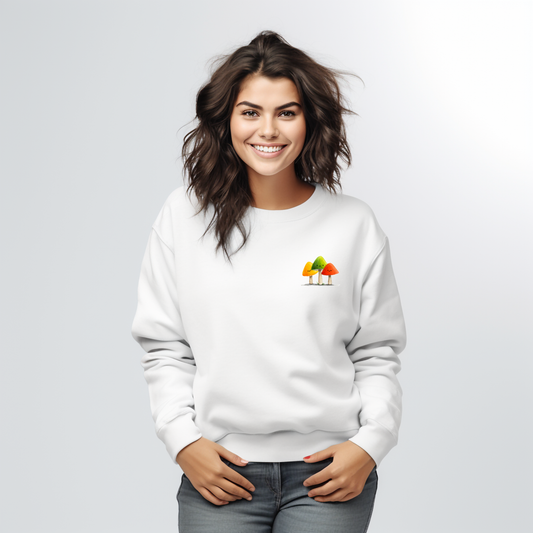 Balta moteriška palaidinė su spalvotų rudens medžių minimalistiniu piešiniu iš Naujausi dizainai 2026 kolekcijos