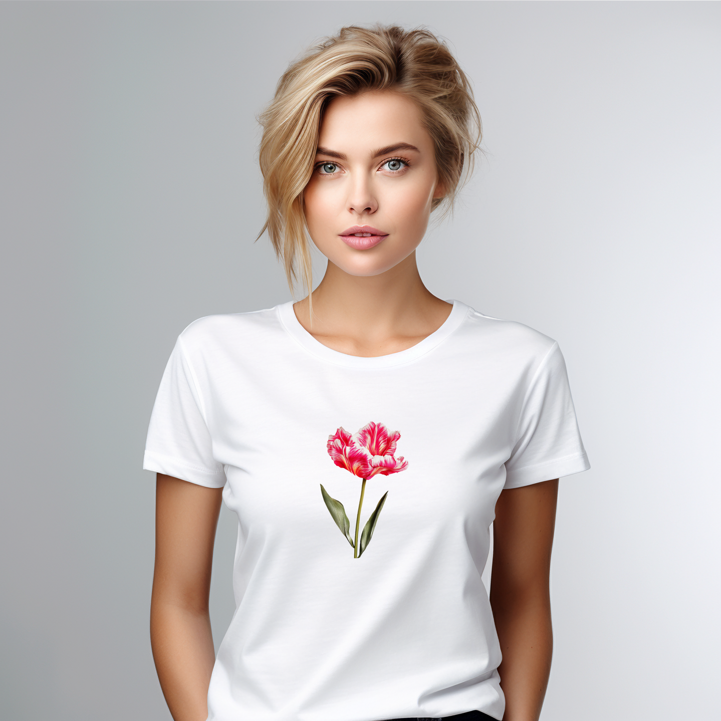 Moteriški marškinėliai “Tulpė” – balti marškinėliai su subtiliu rausvos tulpės piešiniu, spinduliuojantys grakštumu ir stiliumi.