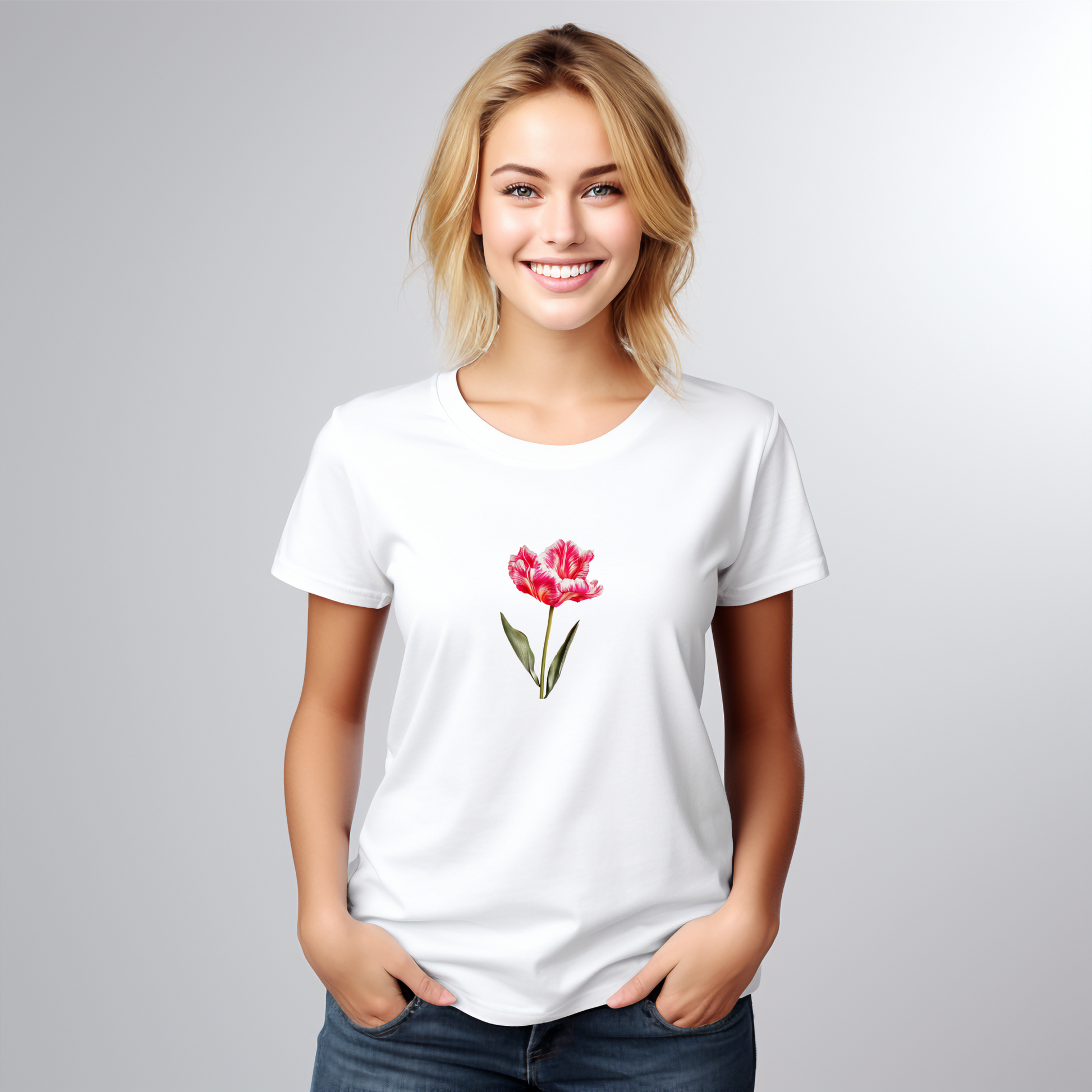 Moteriški marškinėliai “Tulpė” – baltos spalvos, su subtiliu rausvos tulpės piešiniu, modernus ir elegantiškas pasirinkimas.