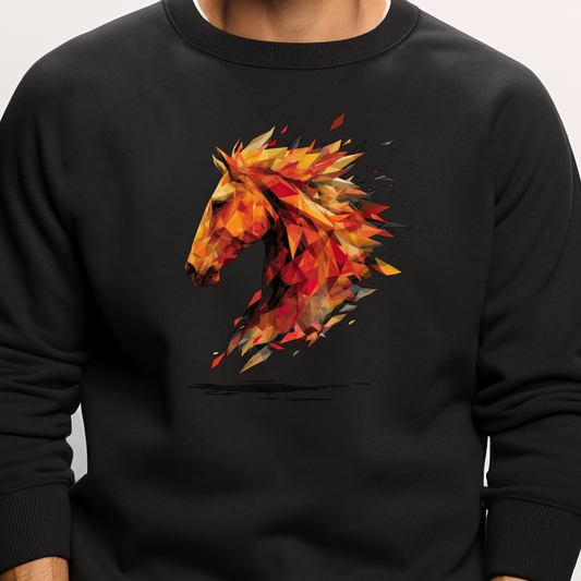 Vyriškas juodas džemperis su geometriniu liepsnojančio žirgo piešiniu iš Naujausi dizainai 2026 kolekcijos