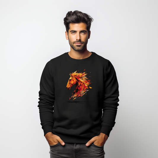 Vyriškas juodas džemperis su stilizuotu liepsnojančiu arklio profiliu iš Džemperių kolekcija 2026