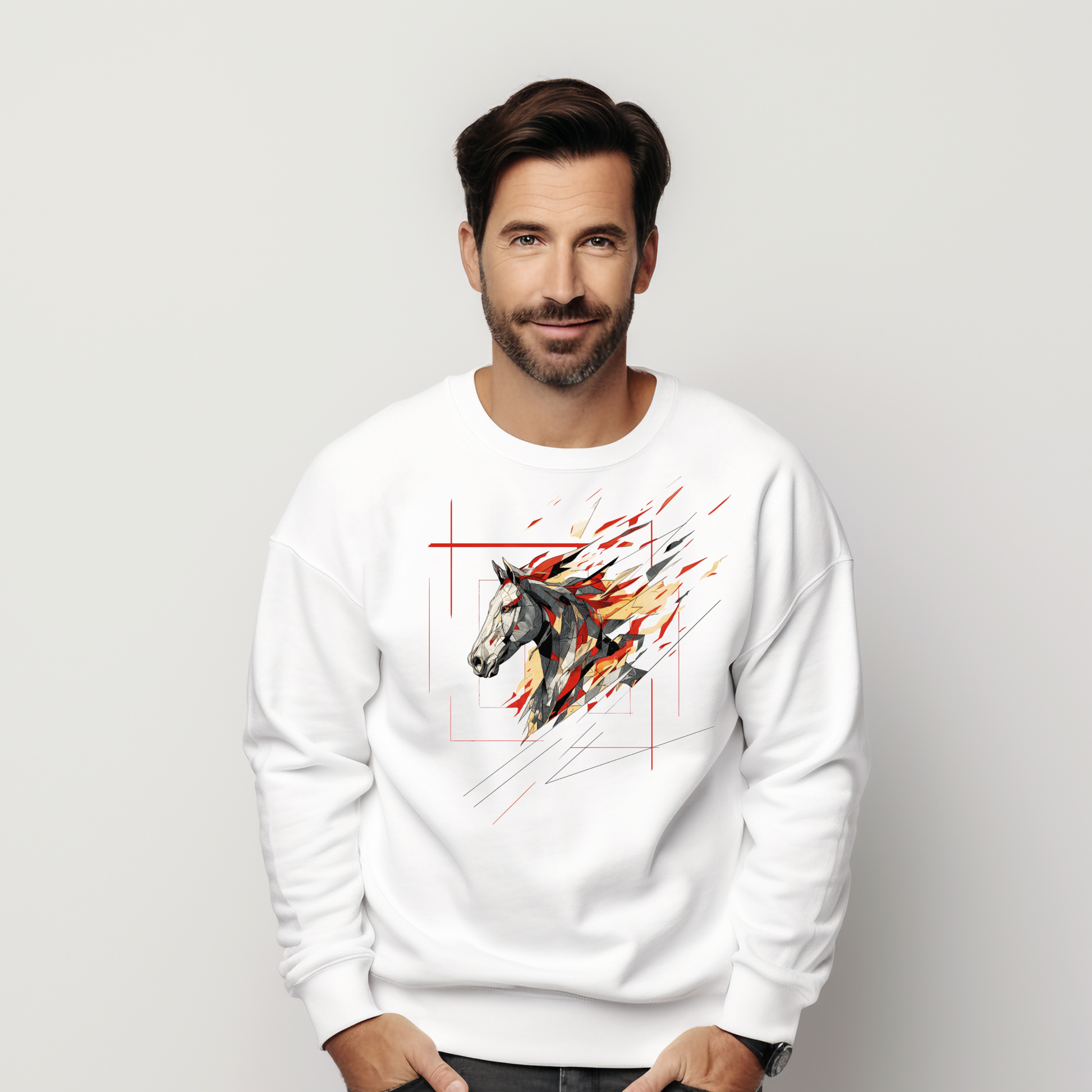 Baltas vyriškas džemperis su moderniu stilizuoto arkliuko piešiniu iš Naujausi dizainai 2026 kolekcijos