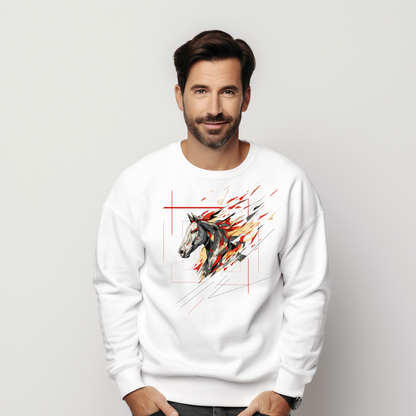 Baltas vyriškas džemperis su moderniu stilizuoto arkliuko piešiniu iš Naujausi dizainai 2026 kolekcijos
