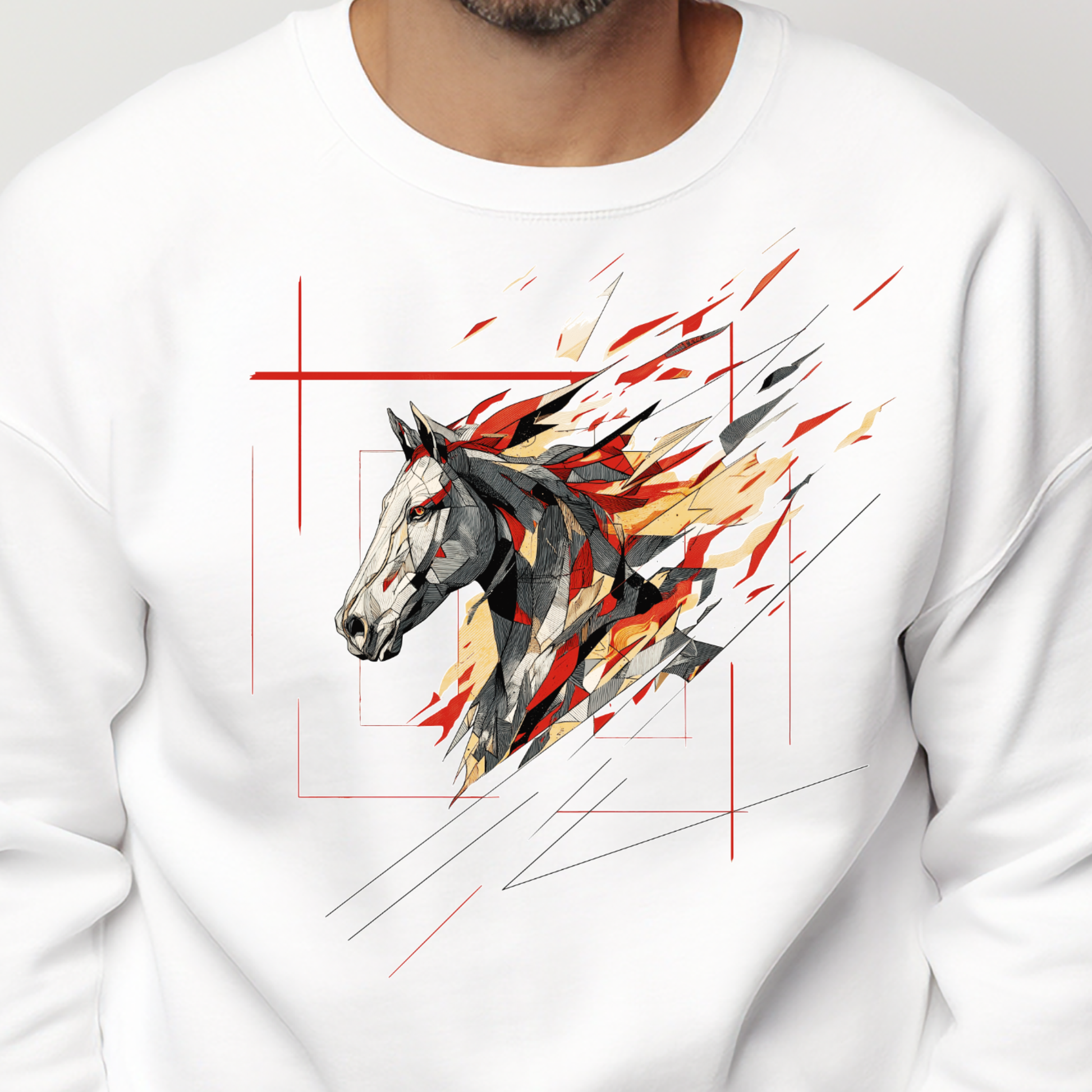 Baltas vyriškas džemperis su abstrakčiu stilizuoto liepsnojančio arklio galvos piešiniu iš Naujausi dizainai 2026 kolekcijos