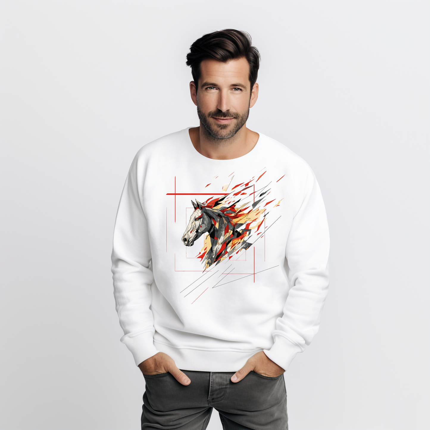 Baltas vyriškas džemperis su abstrakčiu arkliu degančiu ugnies liepsnelių efektu iš Naujausi dizainai 2026
