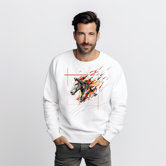 Baltas vyriškas džemperis su abstrakčiu arkliu degančiu ugnies liepsnelių efektu iš Naujausi dizainai 2026