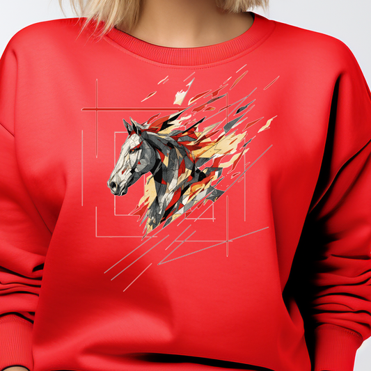 Raudonas moteriškas džemperis su moderniu geometriniu arklio piešiniu iš Naujausi dizainai 2026 kolekcijos