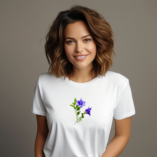 Balti moteriški marškinėliai su žydrų gėlių piešiniu iš Naujausių dizainų 2026 kolekcijos