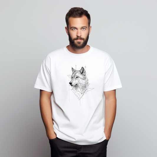 Balti vyriški marškinėliai su geometriniu vilko galvos piešiniu iš Naujausių dizainų 2026 kolekcijos
