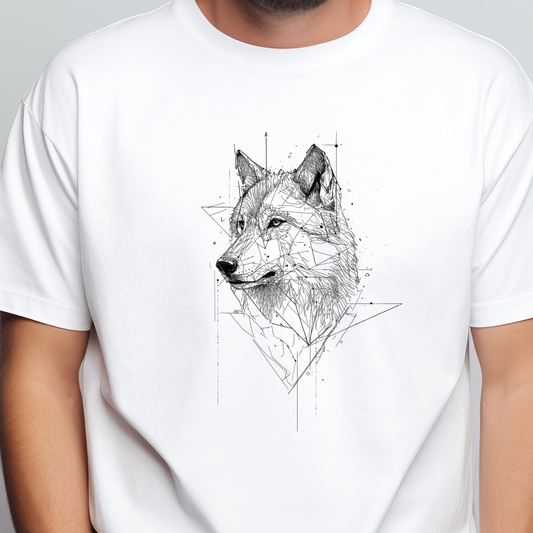 Balti vyriški marškinėliai su išraiškingu minimalistiniu vilko portretu iš Naujausių dizainų 2026 kolekcijos