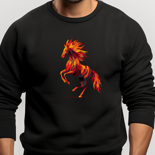 Juodas vyriškas džemperis su ugningu stilizuotu bėgančio arklio motyvu iš Naujausi dizainai 2026 kolekcijos