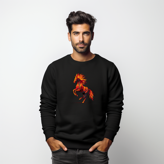 Juodas vyriškas džemperis su dinamišku ugniniu arkliu iš Naujausi dizainai 2026 kolekcijos Visi produktai