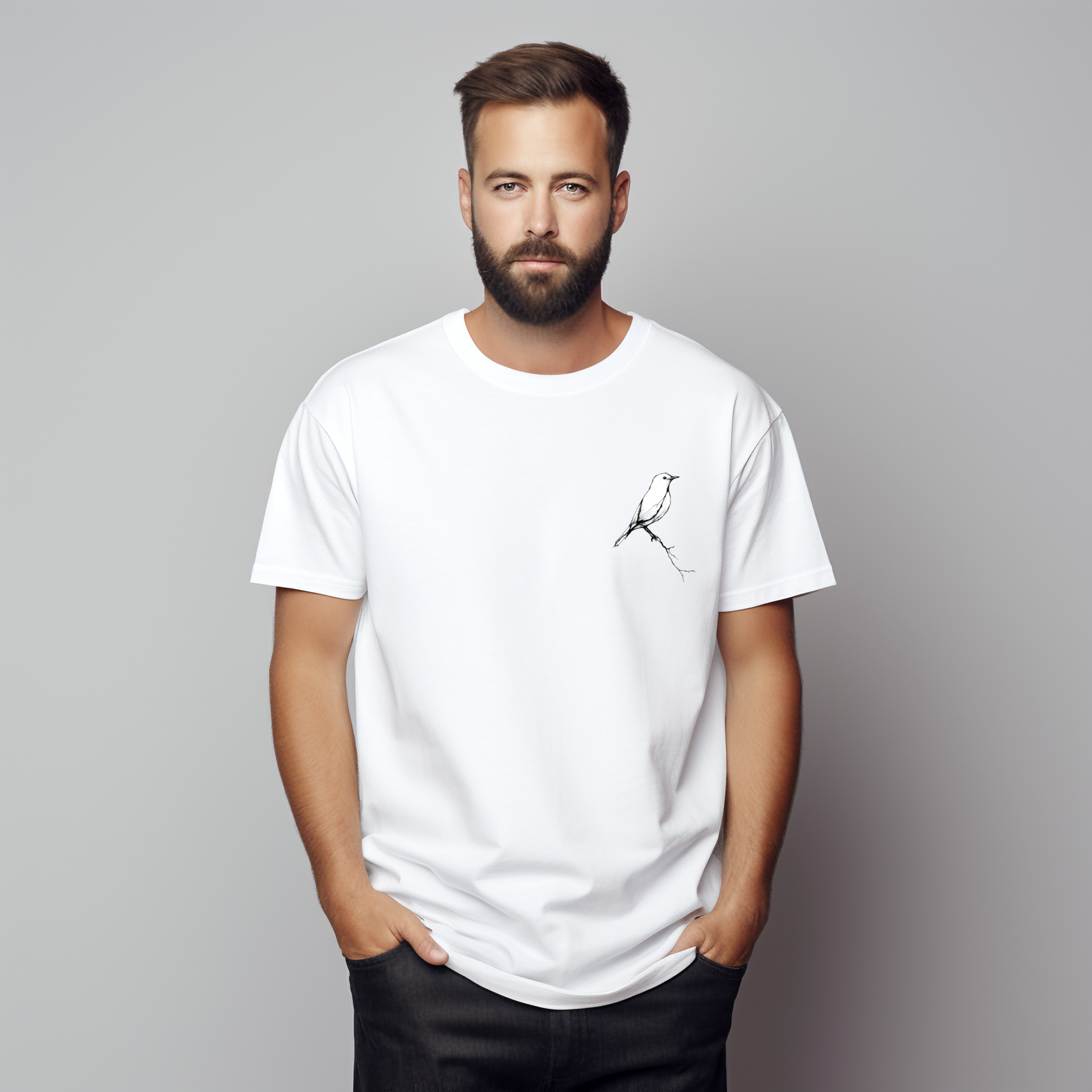 Balti vyriški marškinėliai su subtiliu juodos spalvos paukščio piešiniu iš Naujausių dizainų 2026 kolekcijos