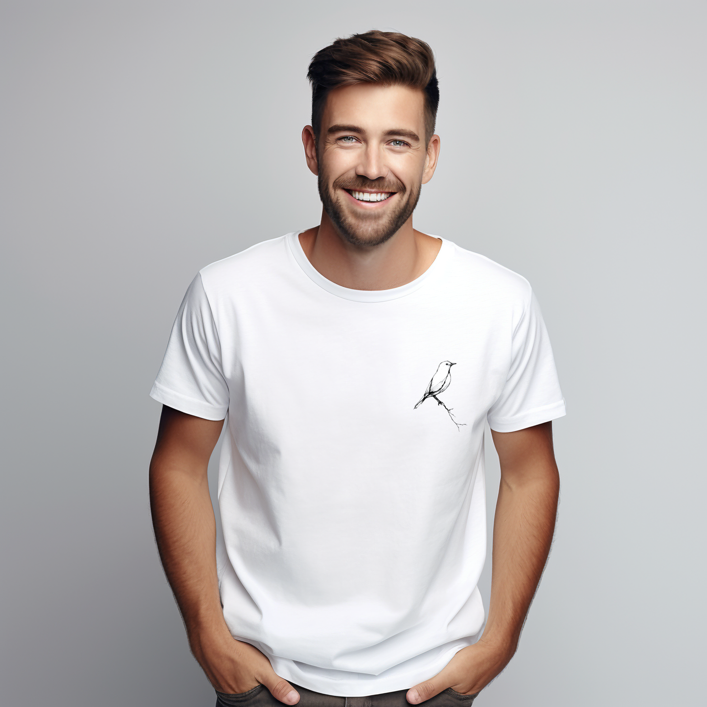 Balti vyriški marškinėliai su subtiliu juodu paukščio kontūru iš Naujausių dizainų 2026 kolekcijos