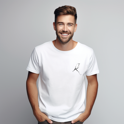 Balti vyriški marškinėliai su subtiliu juodu paukščio kontūru iš Naujausių dizainų 2026 kolekcijos