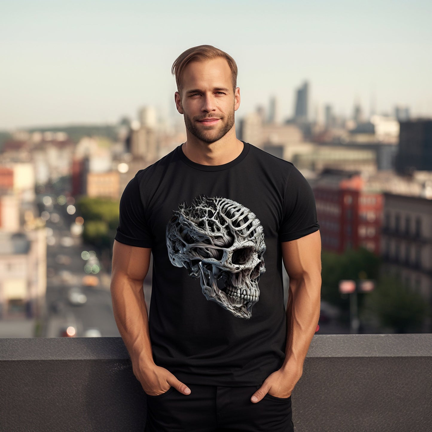 Vyro marškinių su senovinės kaukolės spauda dizainas, stovinčio miesto fone, Designedbyme.lt produkcija, Vyriški marškinėliai,Visi produktai